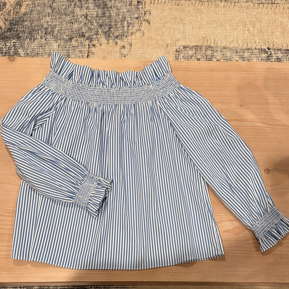 Tuckernuck Blue and White Striped Off-Shoulder Blouse